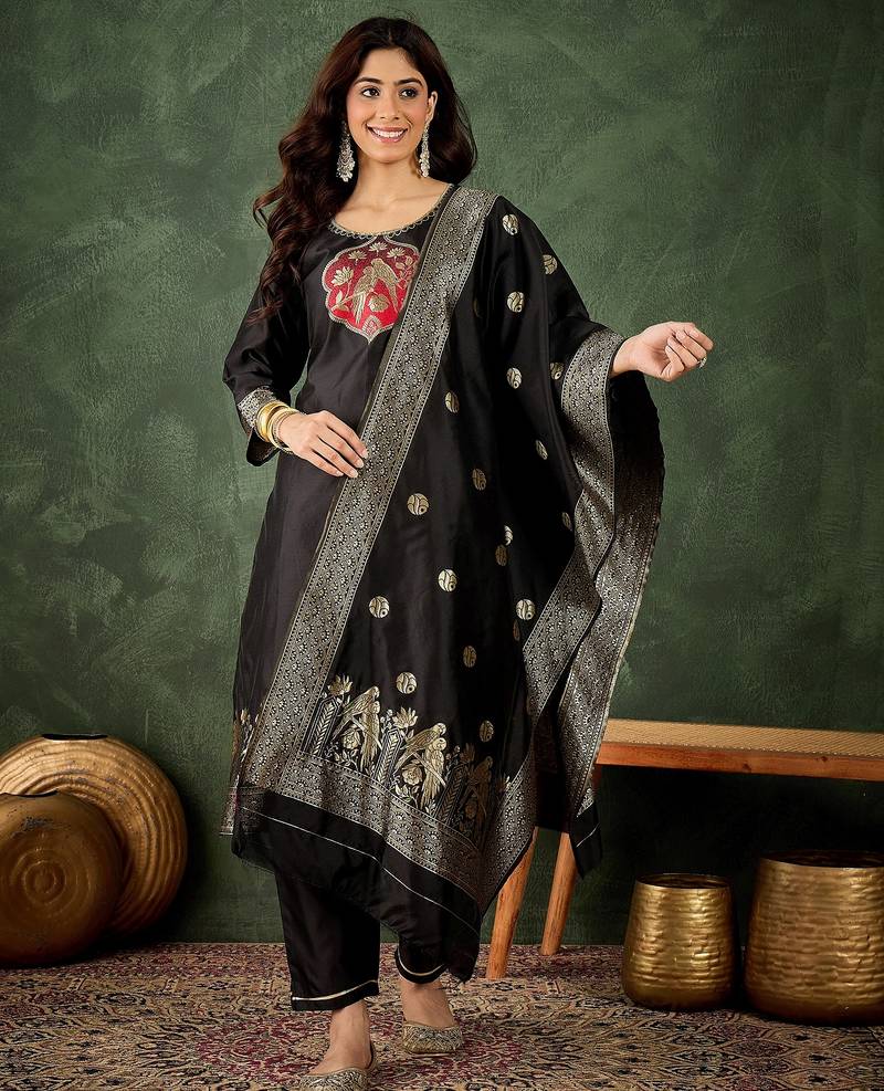 black fancy silk blend kurta set