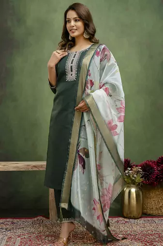 green fancy blended cotton kurta set
