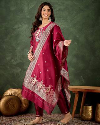 scarlet-red fancy silk blend kurta set 3