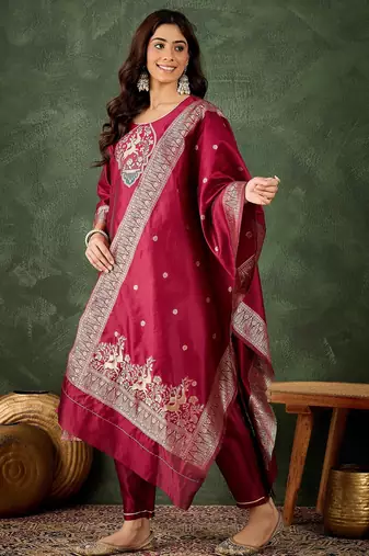 scarlet-red fancy silk blend kurta set