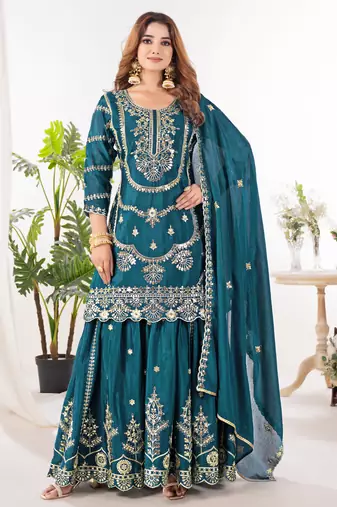 teal fancy pure silk kurta set