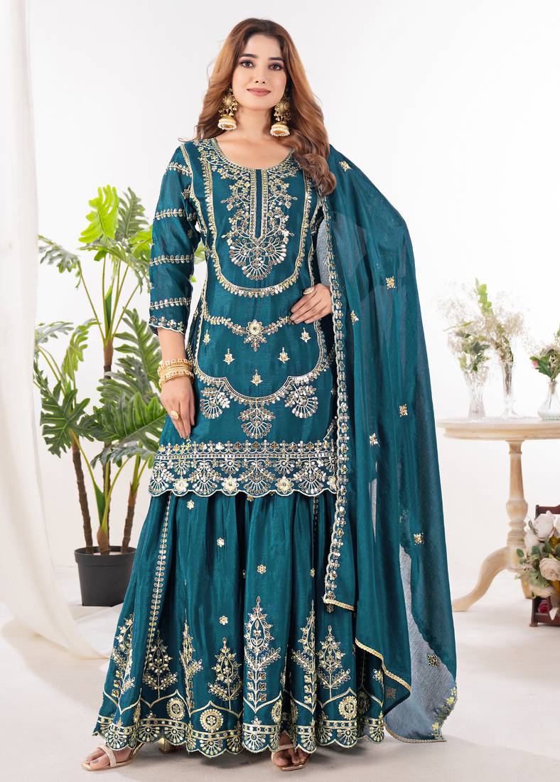teal fancy pure silk kurta set