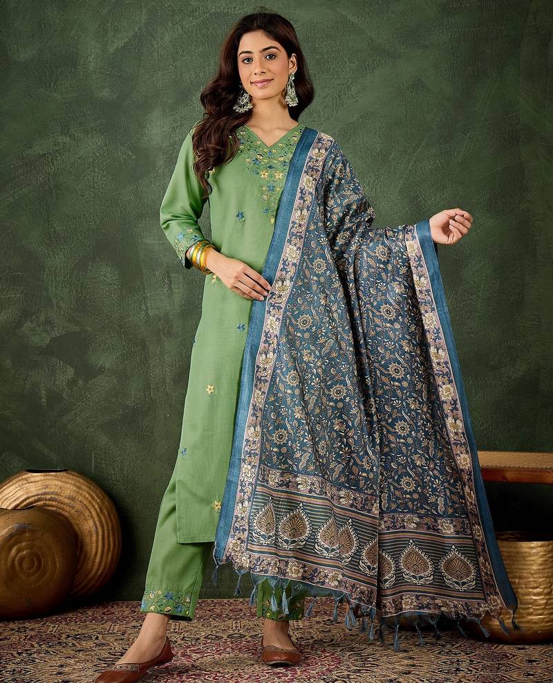 green fancy blended cotton kurta set