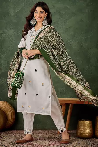 white fancy blended cotton kurta set