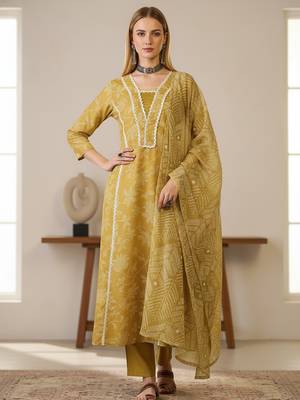 Women's yellow rayon printed straight kurta set with dupatta 3