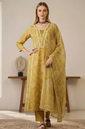 Women's yellow rayon printed straight kurta set with dupatta