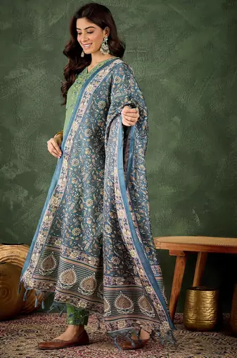 green fancy blended cotton kurta set