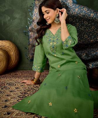 green fancy blended cotton kurta set 4