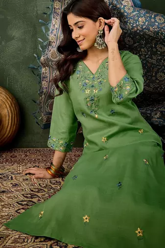 green fancy blended cotton kurta set