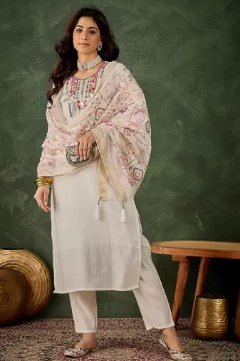 white fancy silk blend kurta set