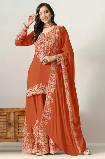 Orange color stylish chinon fabric designer embroidered palazzo dress