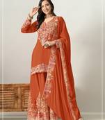 Orange color stylish chinon fabric designer embroidered palazzo dress