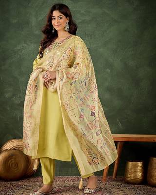 light-yellow fancy silk blend kurta set 2
