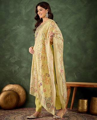 light-yellow fancy silk blend kurta set 3