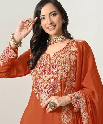 Orange color stylish chinon fabric designer embroidered palazzo dress 2