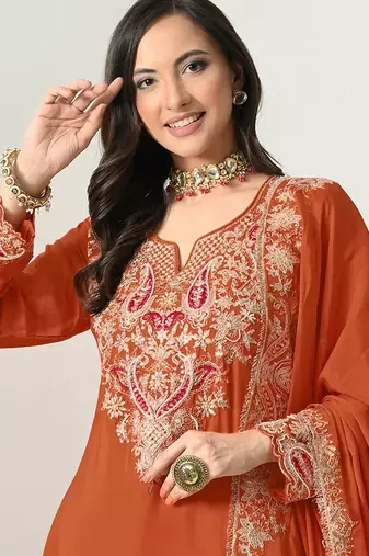 Orange color stylish chinon fabric designer embroidered palazzo dress