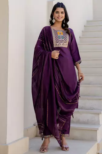purple fancy blended cotton kurta set