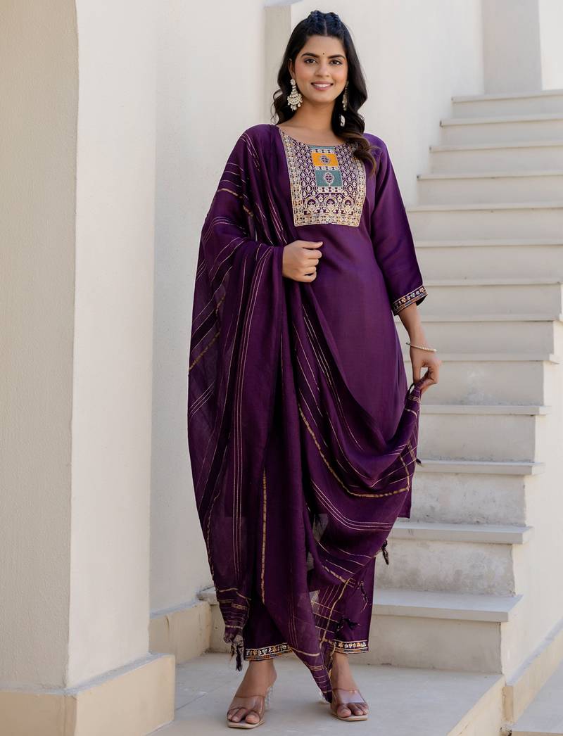purple fancy blended cotton kurta set