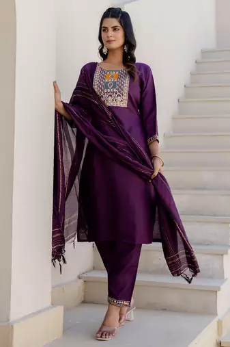 purple fancy blended cotton kurta set