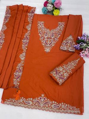 Orange color stylish chinon fabric designer embroidered palazzo dress 3