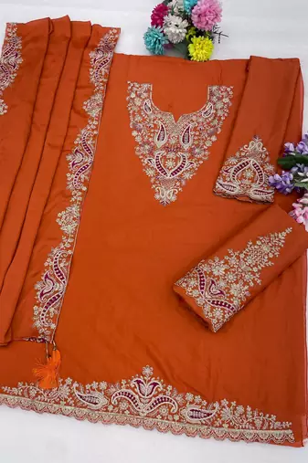 Orange color stylish chinon fabric designer embroidered palazzo dress