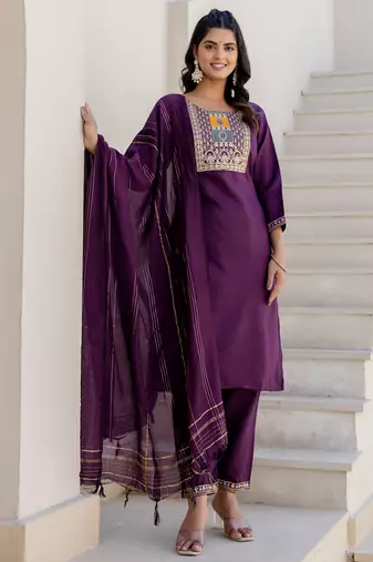 purple fancy blended cotton kurta set