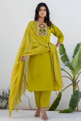 lemon fancy blended cotton kurta set