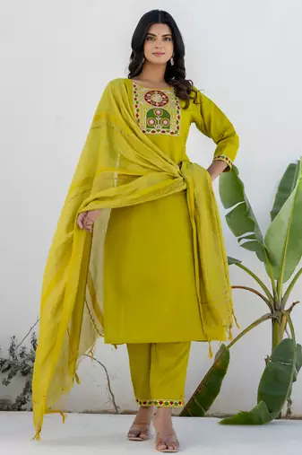 lemon fancy blended cotton kurta set