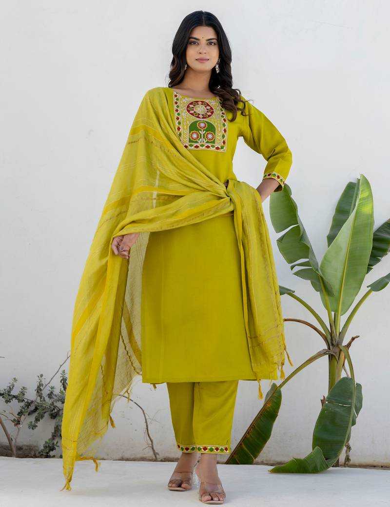 lemon fancy blended cotton kurta set