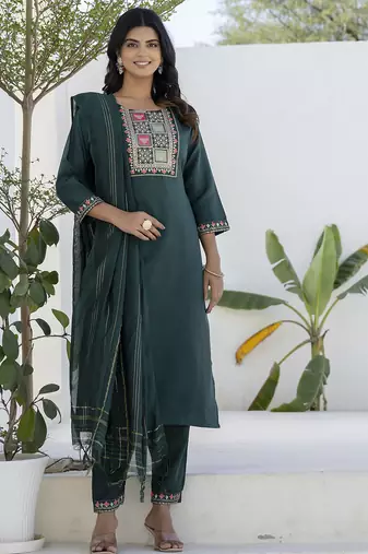 green fancy blended cotton kurta set