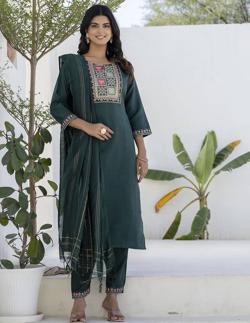 green fancy blended cotton kurta set