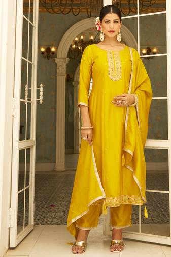 yellow fancy silk blend kurta set