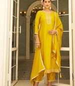 yellow fancy silk blend kurta set