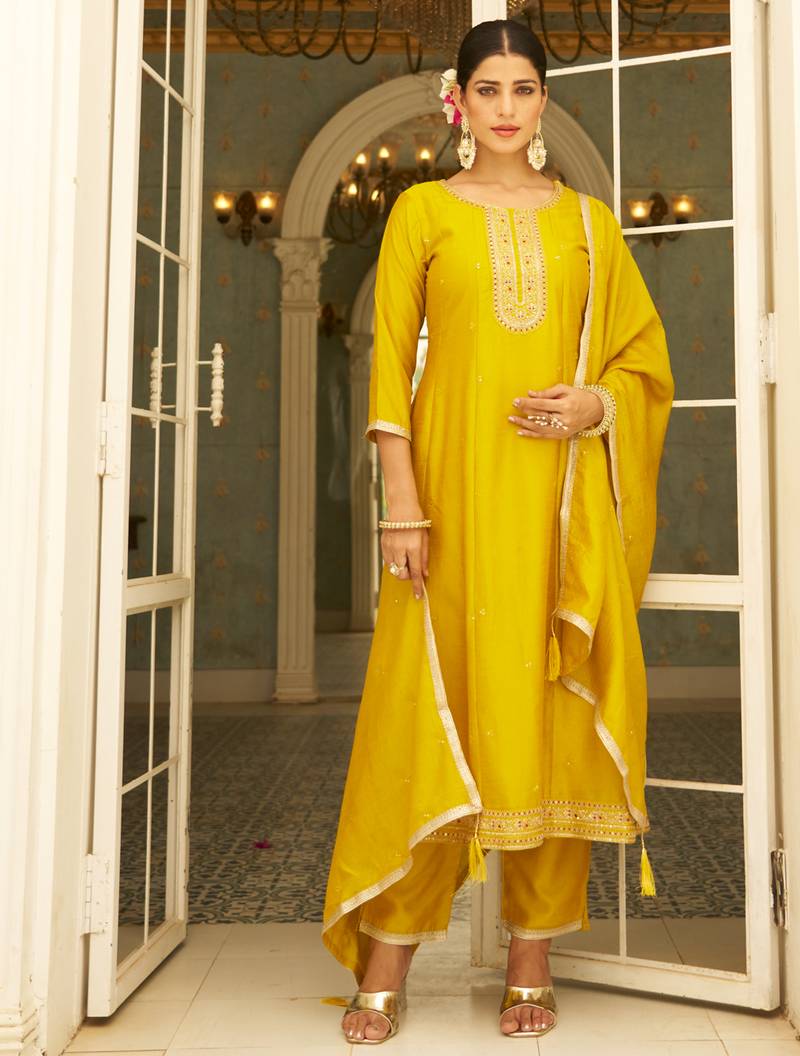 yellow fancy silk blend kurta set