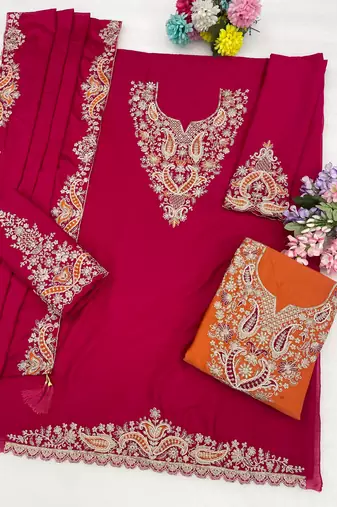 Magenta color stylish chinon fabric designer embroidered palazzo dress