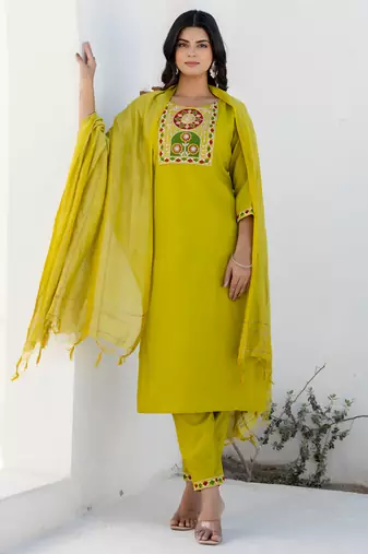 lemon fancy blended cotton kurta set