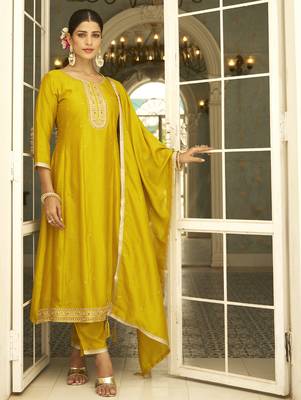 yellow fancy silk blend kurta set 2