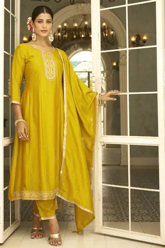 yellow fancy silk blend kurta set