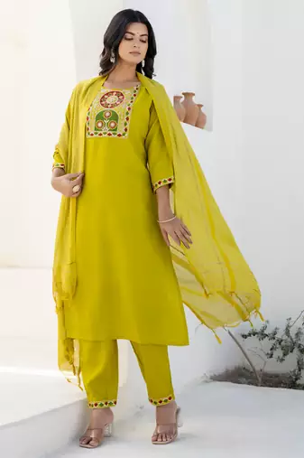 lemon fancy blended cotton kurta set