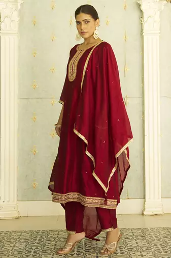 maroon fancy silk blend kurta set