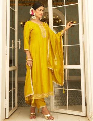 yellow fancy silk blend kurta set 3