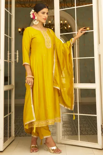 yellow fancy silk blend kurta set