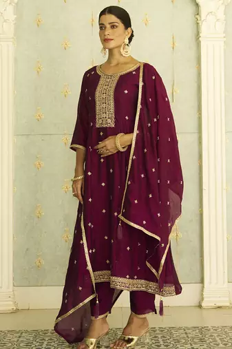 purple fancy silk blend kurta set