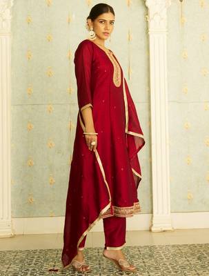 maroon fancy silk blend kurta set 3