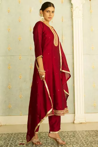 maroon fancy silk blend kurta set