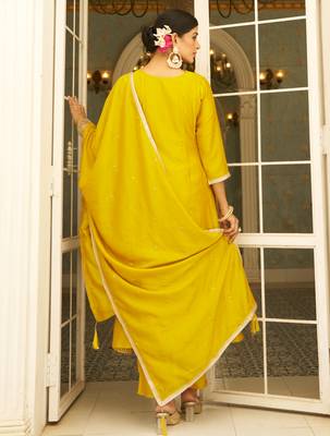 yellow fancy silk blend kurta set 4