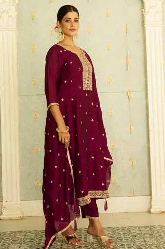purple fancy silk blend kurta set