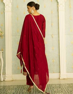 maroon fancy silk blend kurta set 4