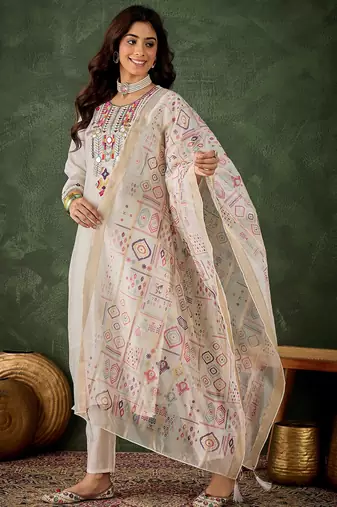 white fancy silk blend kurta set