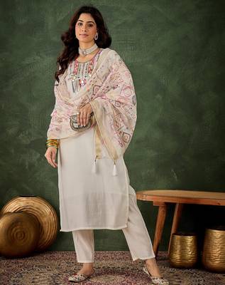 white fancy silk blend kurta set 3